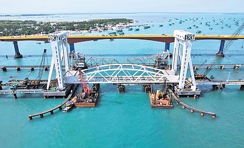 The 2.08-km-long bridge, built at Rs 550 crore, featuring 99 spans and a 72.5-m vertical lift (that rises up to a height of 17m), is designed for dual rail tracks to accommodate future demands.