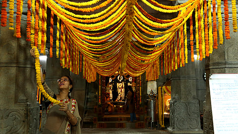 Sri Rama Temple decked up ahead of Sri Rama Navami celebrations in Visakhapatnam on Saturday.