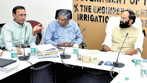 Irrigation & Civil Supplies Minister N Uttam Kumar Reddy during an extensive review meeting with the irrigation and legal teams on Sunday.