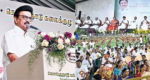 Chief Minister M K Stalin addressing a gathering organised by DMK ally KMDK at the Codissia grounds in Coimbatore on Sunday evening