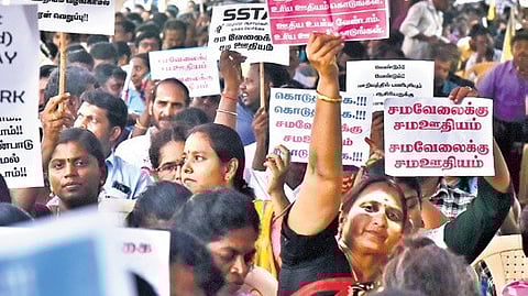 Teachers staging a token hunger strike  in Chennai on Saturday 
