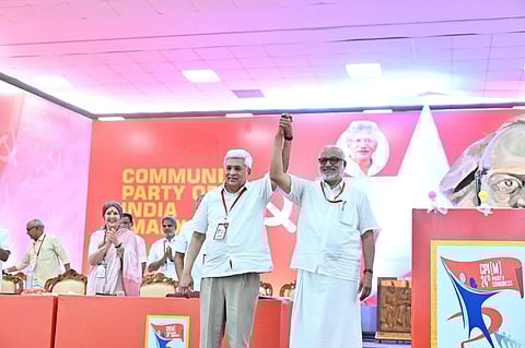 Newly elected general secretary, MA Baby, with veteran leader Prakash Karat at the 24th party congress of CPIM. 