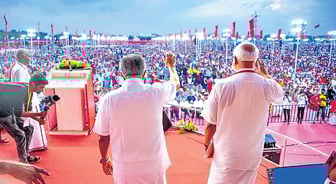 Kerala Chief Minister Pinarayi Vijayan with new CPM general secretary M A Baby at the conclusion of the 24th Party Congress in Madurai on Sunday