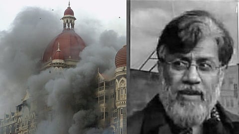 File (L) Smoke is seen billowing out of the ground and first floor of the Taj Hotel in south Mumbai during security personnel's "Operation Cyclone" following the 26/11 terror attacks in 2008. (R) Tahawwur Rana