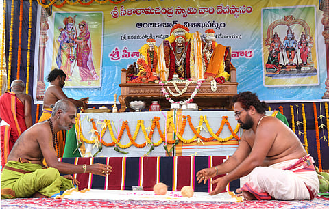 Devotees offering prayers to God Srirama as part of Sri Ramanavami at Ramalayam Temple.
