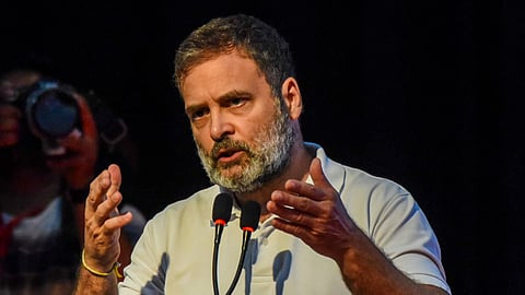 Congress leader and LoP in the Lok Sabha Rahul Gandhi addresses during the 'Samvidhan Suraksha Sammelan', in Patna, Monday, April 7, 2025. 