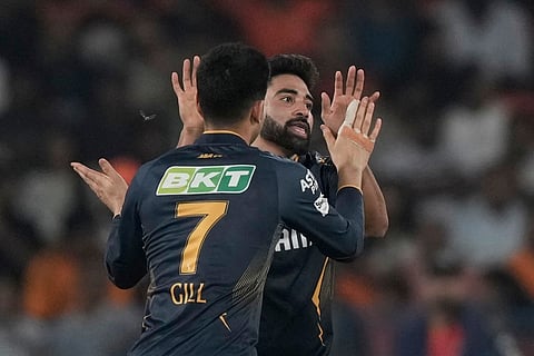Gujarat Titans' Mohammed Siraj celebrates a wicket against Sunrisers Hyderabad (Photo | AP)