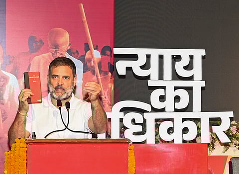 Congress leader and LoP in the Lok Sabha Rahul Gandhi speaks during the 'Samvidhan Suraksha Sammelan', in Patna, Monday, April 7, 2025.