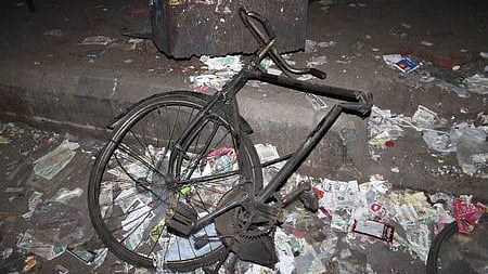 The cycle on which the bag containing the bomb was tied to, near Venkatadri theatre at Dilsukhnagar in the city.