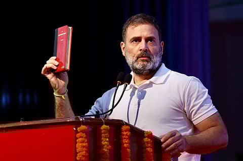 Leader of Opposition in Lok Sabha Rahul Gandhi addressing Congress's Samvidhan Suraksha Sammelan in Patna, Bihar, on April 7, 2025. 