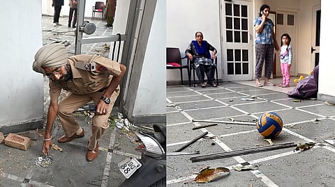 A police personnel collects evidence from the residence of Punjab BJP leader Manoranjan Kalia after an alleged blast on April 8, 2025. 