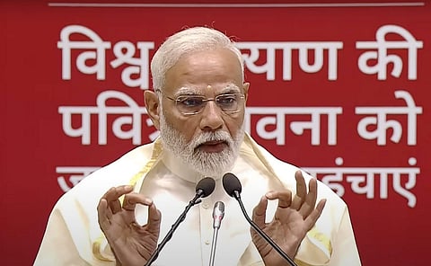 Prime Minister Narendra Modi addresses during the inauguration of the Vishwa Navkar Mahamantra Divas, at Vigyan Bhawan in New Delhi.