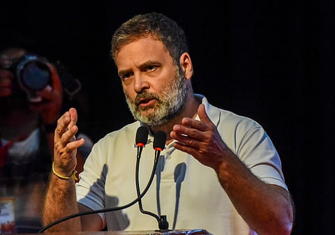 Congress leader and LoP in the Lok Sabha Rahul Gandhi addresses during the 'Samvidhan Suraksha Sammelan', in Patna, Monday, April 7, 2025. 