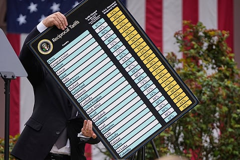 In this photo from April 2, 2025, US Commerce Secretary Howard Lutnick holds a chart as President Donald Trump speaks during an event to announce new tariffs in the Rose Garden at the White House, Wednesday, in Washington.