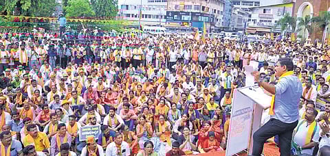 Karnataka BJP president BY Vijayendra addresses party’s Janakrosh rally against the Congress government, in Mangaluru on Wednesday.