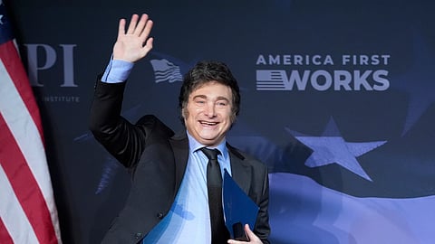 Argentina's President Javier Milei arrives to speak during an America First Policy Institute gala at Donald Trump's Mar-a-Lago estate, Nov. 14, 2024, in Palm Beach, Florida, USA.