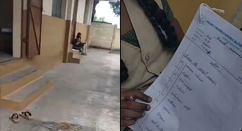Visuals from the viral video show the student seated outside the classroom, forced to write the exam without a table or chair. 
