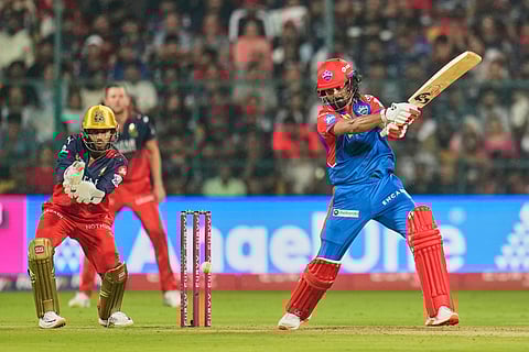 Delhi Capitals' KL Rahul plays a shot during the Indian Premier League match against Royal Challengers Bengaluru (Photo | AP)