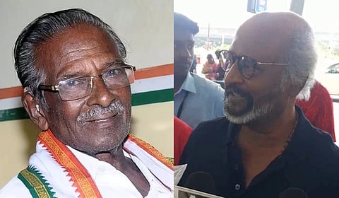 Rajinikanth (R) extending his condolences to Kumari Ananthan and his family, talking to mediapersons at the Chennai aiport on Thursday.