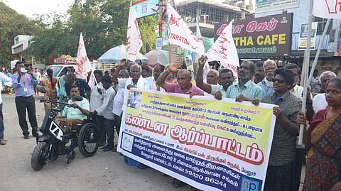 The protests demanding public apology from minister Duraimurugan.