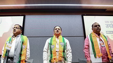 Union Minister and Bharatiya Janata Party (BJP) national president JP Nadda along with party National General Secretary Radha Mohan Das Agarwal and others during a workshop over Waqf (Amendment) Act, at party headquarters in New Delhi on Thursday.