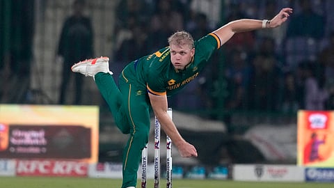 South Africa's Corbin Bosch bowls during a cricket match against Pakistan in Karachi, Pakistan, Feb. 12, 2025.