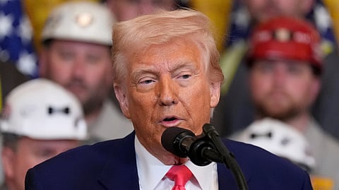 US President Donald Trump speaks during an event in the East Room of the White House, Tuesday, April 8, 2025, in Washington.