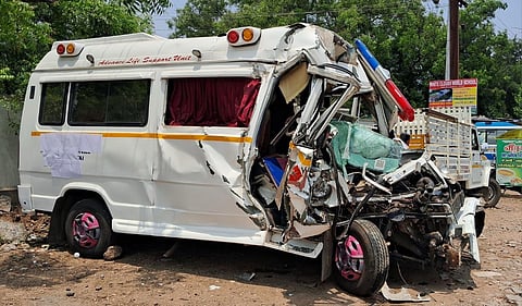 A couple travelling in an ambulance died when their ambulance collided with a lorry parked on the roadside near Palladam in Tiruppur district early on Friday.