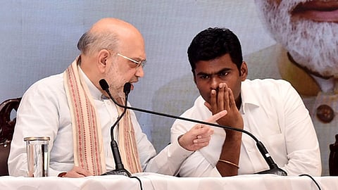 Union Home Minister Amit Shah along with BJP leader K Annamalai at a press meet held in Chennai on Friday.