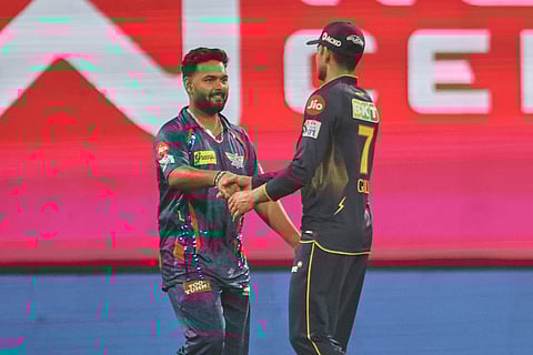 Lucknow Super Giants' captain Rishabh Pant, left, shake hands with Gujarat Titans' captain Shubman Gill after winning the Indian Premier League cricket match against Gujarat Titans at Atal Bihari Vajpayee Ekana Cricket Stadium in Lucknow, India, Saturday, April 12, 2025.