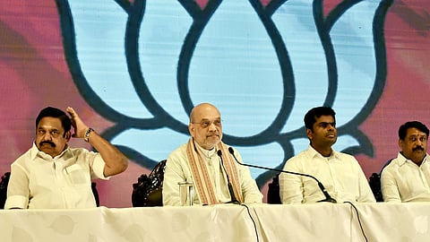Union Home Minister Amit Shah (centre) with AIADMK general secretary Edappadi K. Palaniswami (left) and former Tamil Nadu BJP chief K. Annamalai (second from right) at a press conference in Chennai on April 11, 2025. Newly elected state BJP president Nainar Nagendran (right) is also seen.