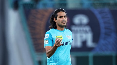 Lucknow Super Giants' Digvesh Rathi warms up before the Indian Premier League cricket match between Lucknow Super Giants and Punjab Kings at Atal Bihari Vajpayee Ekana Cricket Stadium in Lucknow, India, Tuesday, April 1, 2025.