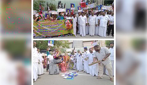 Led by AIADMK State Secretary Anbazhagan, the protest, held near the Anna Statue at the Old Bus Stand, condemned Tamil Nadu Minister Ponmudy. 