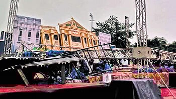 The entrance of Pallishree mela damaged by the thunderstorm.