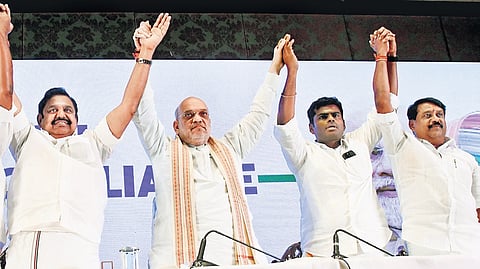 AIADMK chief Edappadi Palanisami with Union Home Minister Amit Shah, Former BJP state president Annamalai and Current BJP state president Nainar Nagenthran.