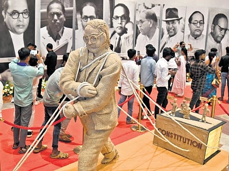 People look at exhibits displayed in a gallery inside the 125ft Ambedkar statue on the occasion of Dr BR Ambedkar jayanthi in Hyderabad on Monday.