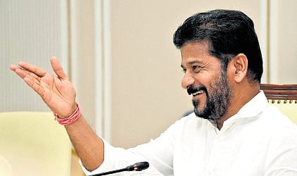Chief Minister A Revanth Reddy gestures during a review meeting on Prajavani in Hyderabad on Monday