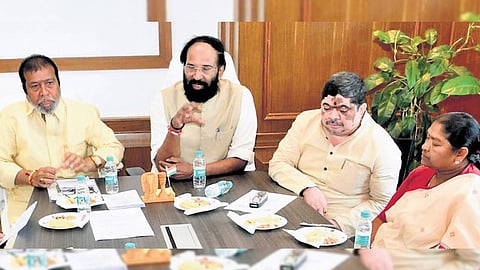 Members of the Cabinet subcommittee on SC sub-categorisation discuss GO modalities at the Secretariat, Hyderabad, on Sunday.