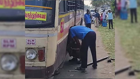 TNSTC staff undertaking maintenance of the bus which had lost its wheel mid journey near Rasipuram on Monday. 