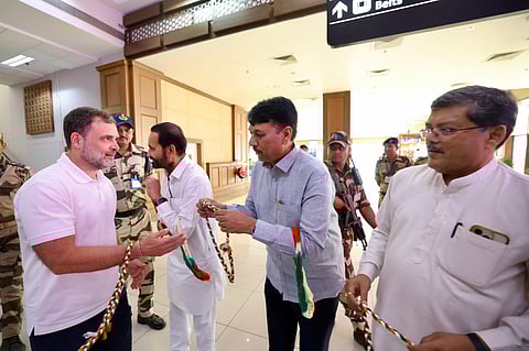 Congress MP and LOP Rahul Gandhi being welcomed at Ahmedabad airport.
