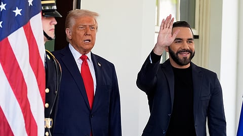 US President Donald Trump greets El Salvador's President Nayib Bukele as he arrives at the West Wing of the White House, Monday, April 14, 2025, in Washington.