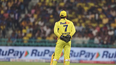 Mahendra Singh Dhoni is seen behind the stumps during the IPL match between Lucknow Super Giants and Chennai Super Kings at Atal Bihari Vajpayee Ekana Cricket Stadium in Lucknow, India, Monday, April 14, 2025.