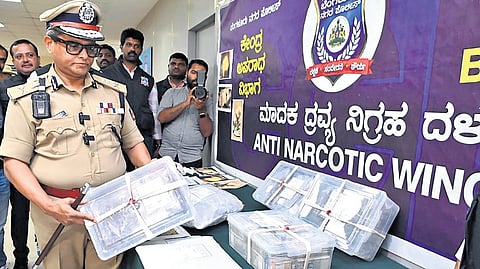 City Police Commissioner B Dayananda inspects drugs worth Rs 5 crore seized by the Anti-Narcotics Wing in Bengaluru on Tuesday 