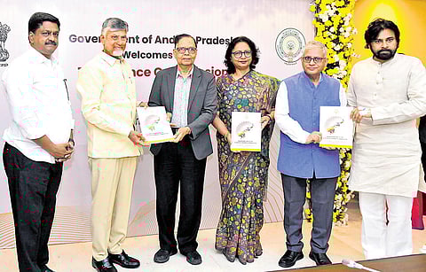Chief Minister N Chandrababu Naidu submits a representation to 16th Finance Commission Chairman Arvind Panagariya at the Secretariat in Velagapudi.