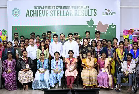 Minister for IT and Education Nara Lokesh felicitates government college students who secured top marks in intermediate examinations on Tuesday. 