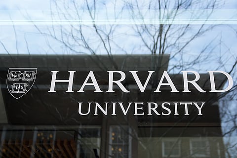 The Harvard University logo is displayed on a building at the school