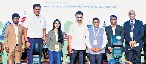 CM Stalin, along with Industries Minister T R B Rajaa, during the inauguration of the  Rs 1,882-crore data centre in the Siruseri SIPCOT IT Park on Thursday 