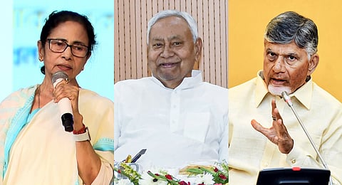(L-R) West Bengal Chief Minister Mamata Banerjee, Bihar Chief Minister Nitish Kumar and Andhra Pradesh Chief Minister Chandrababu Naidu.