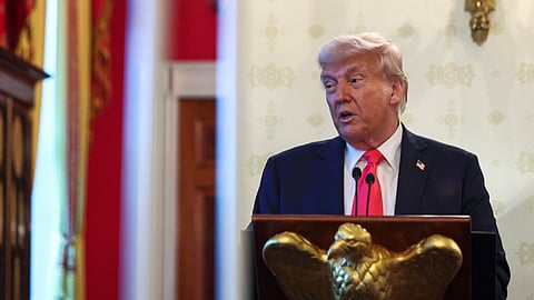 US President Donald Trump speaks during an event in the Blue Room of the White House in Washington, Wednesday, April 16, 2025.