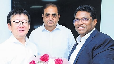 Daikin President Naofumi Takenaka (L) being welcomed at Sri City on Thursday.